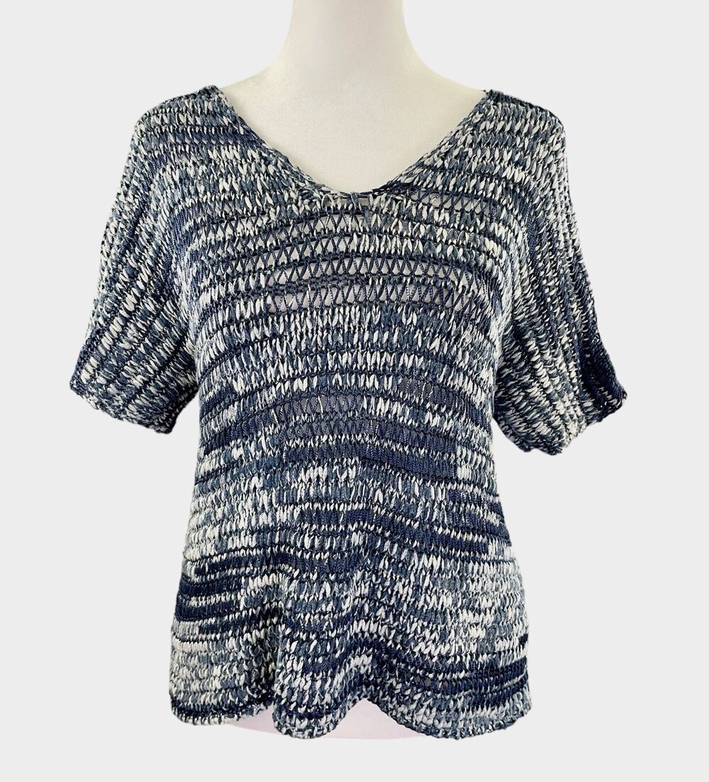 Eileen Fisher XS Denim Brushstroke Cotton Tape V-Neck Top Open Weave Short Sleev